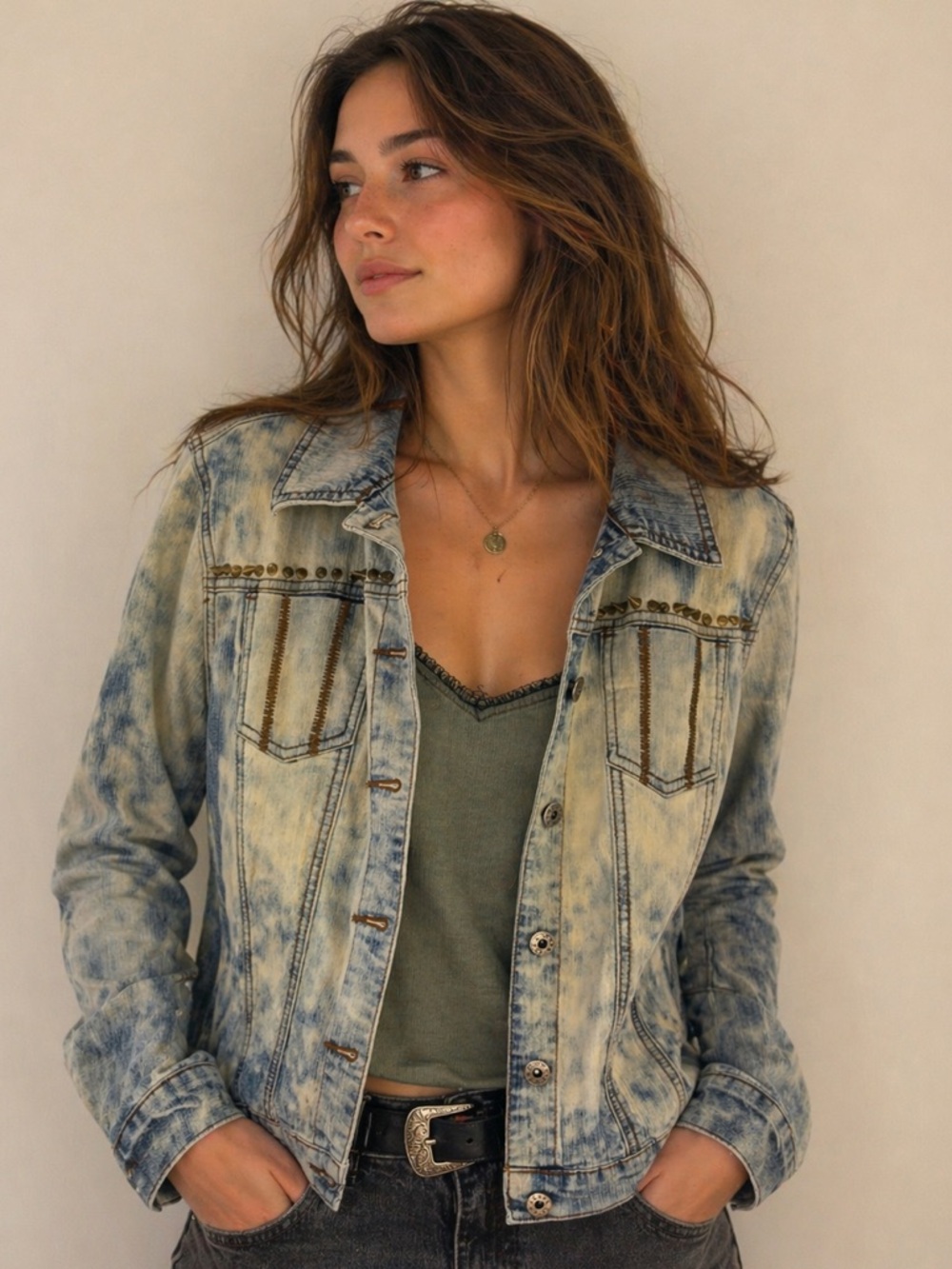 Acid Wash Denim Jacket w Stud Detail - Blue shades look amazing.Fabulous Look